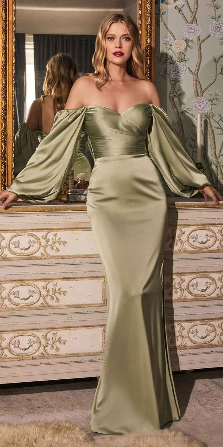 Off-shoulder satin fitted dress in sage green with long gathered sleeves and thigh slit