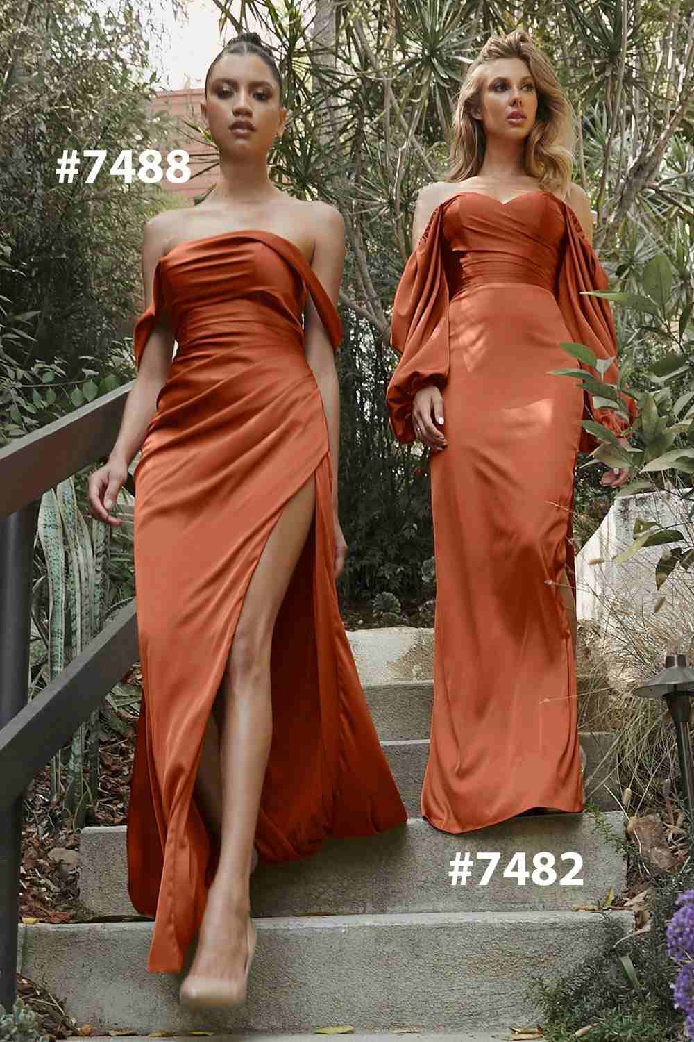 Sienna satin off-shoulder fitted dress with long sleeves and high front slit