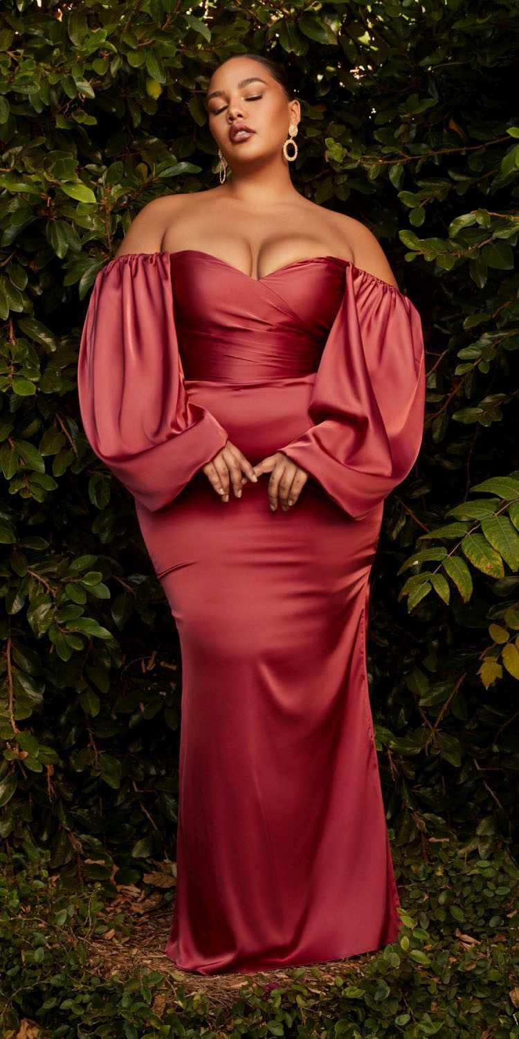 Mauve satin off-shoulder fitted dress with long puff sleeves and tapered skirt