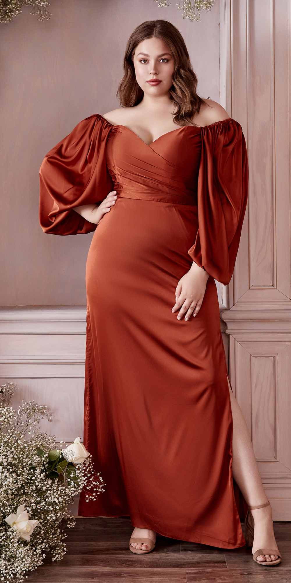 Off-shoulder satin fitted long-sleeve dress in copper red, sweetheart neckline, puffed sleeves