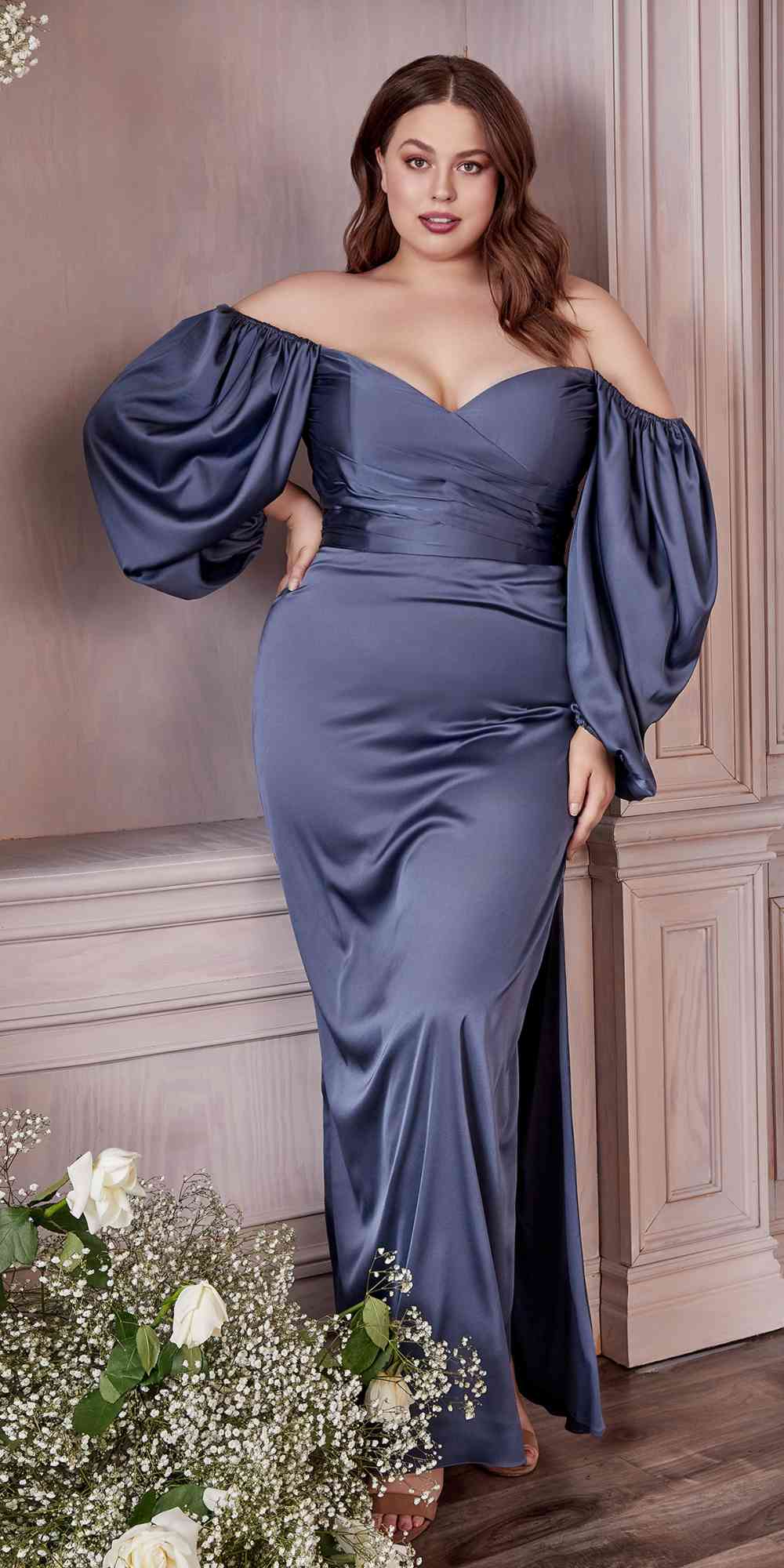 Blue satin fitted off-shoulder gown with long puff sleeves and side slit