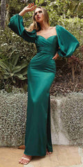 Emerald green satin fitted off-shoulder long-sleeve gown with side slit
