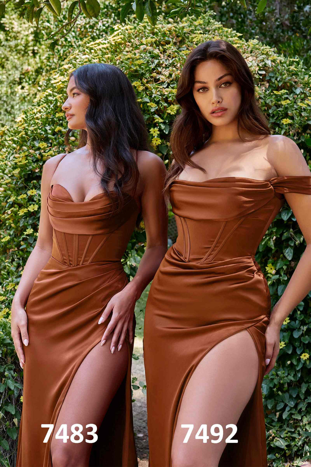 Satin cowl-neck corset formal gown in dark brown with ruched bodice and thigh slit
