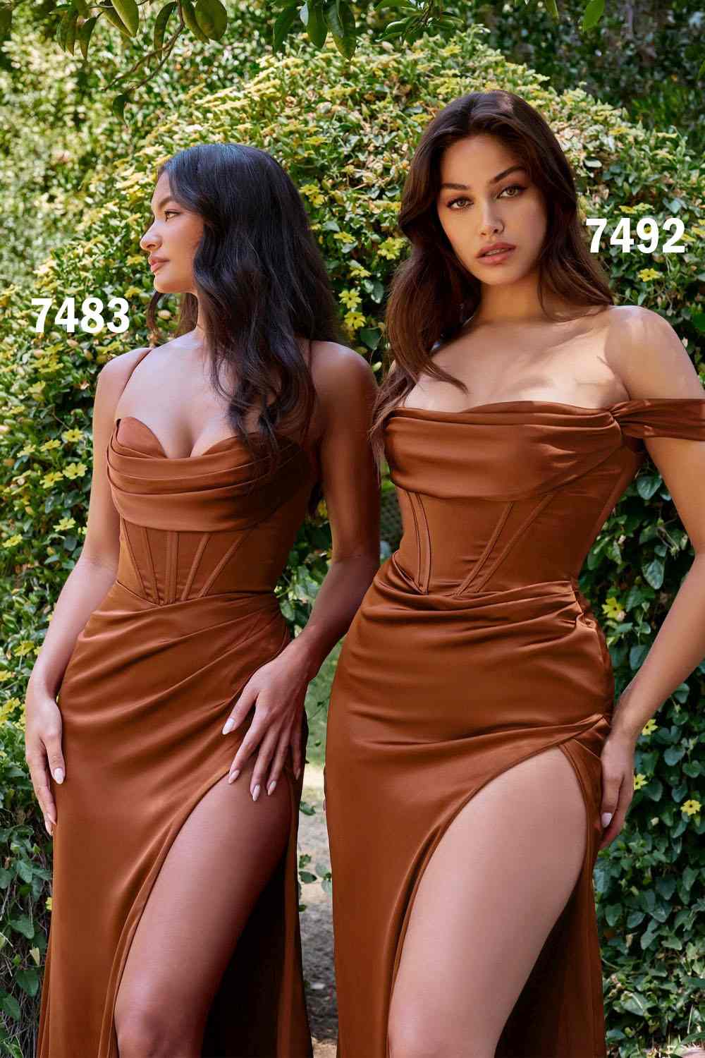 Satin off-shoulder corset gown in chocolate brown with off-shoulder draped neckline