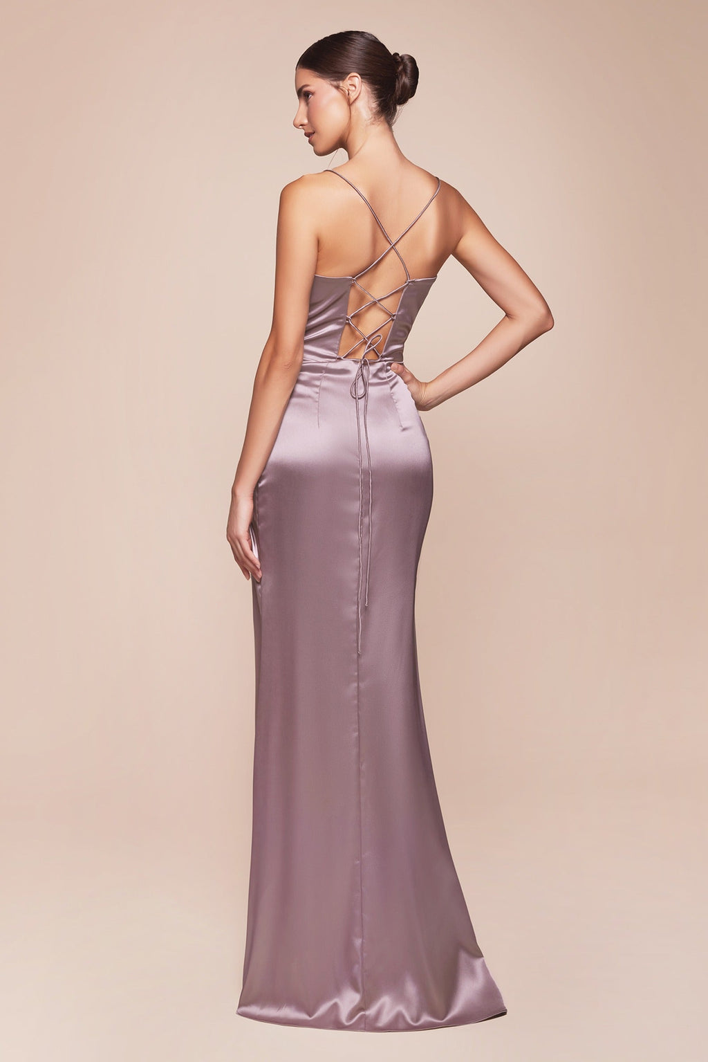 Silvery satin long corset gown, open cross-back straps and long skirt with slit