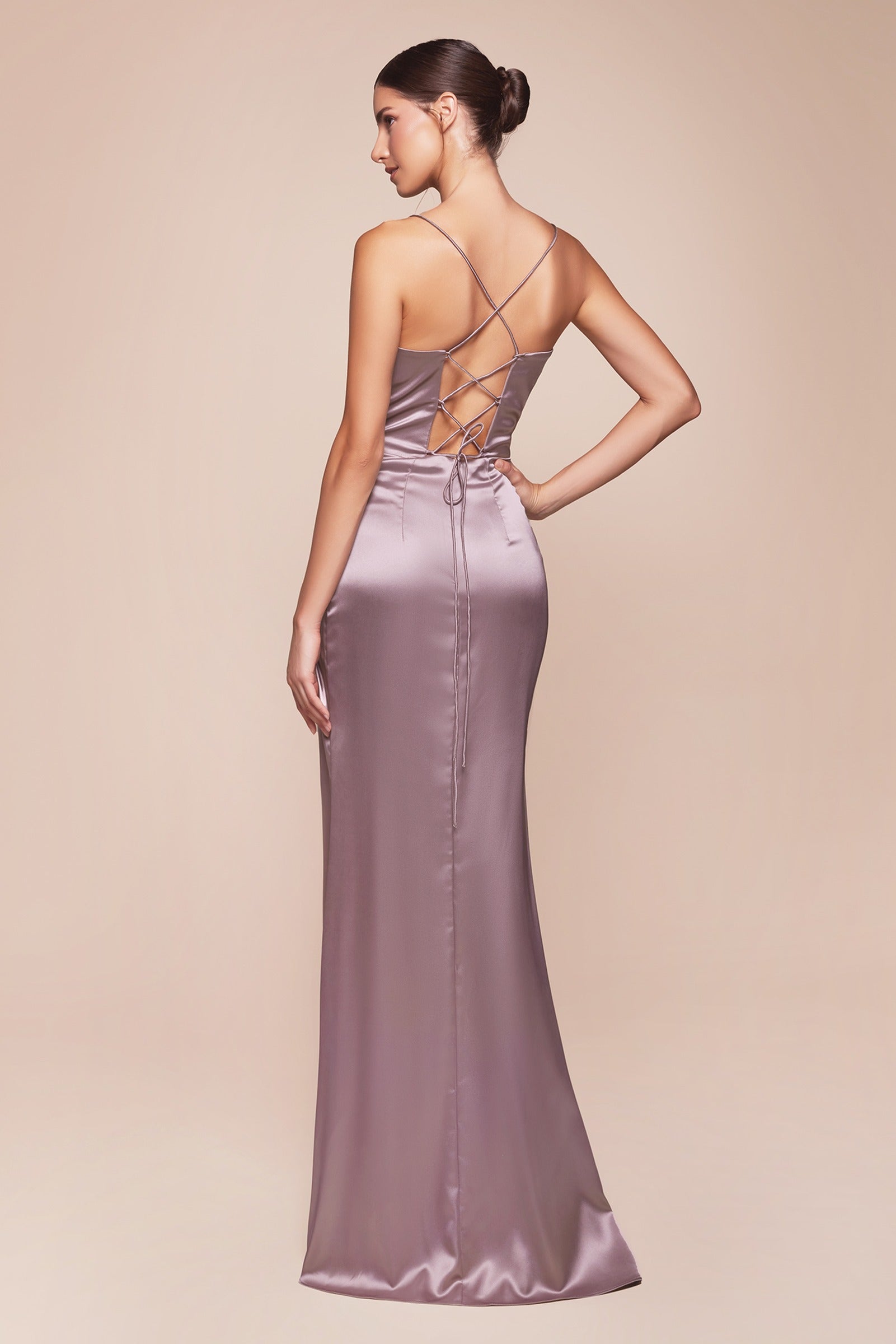 Silvery satin long corset gown, open cross-back straps and long skirt with slit