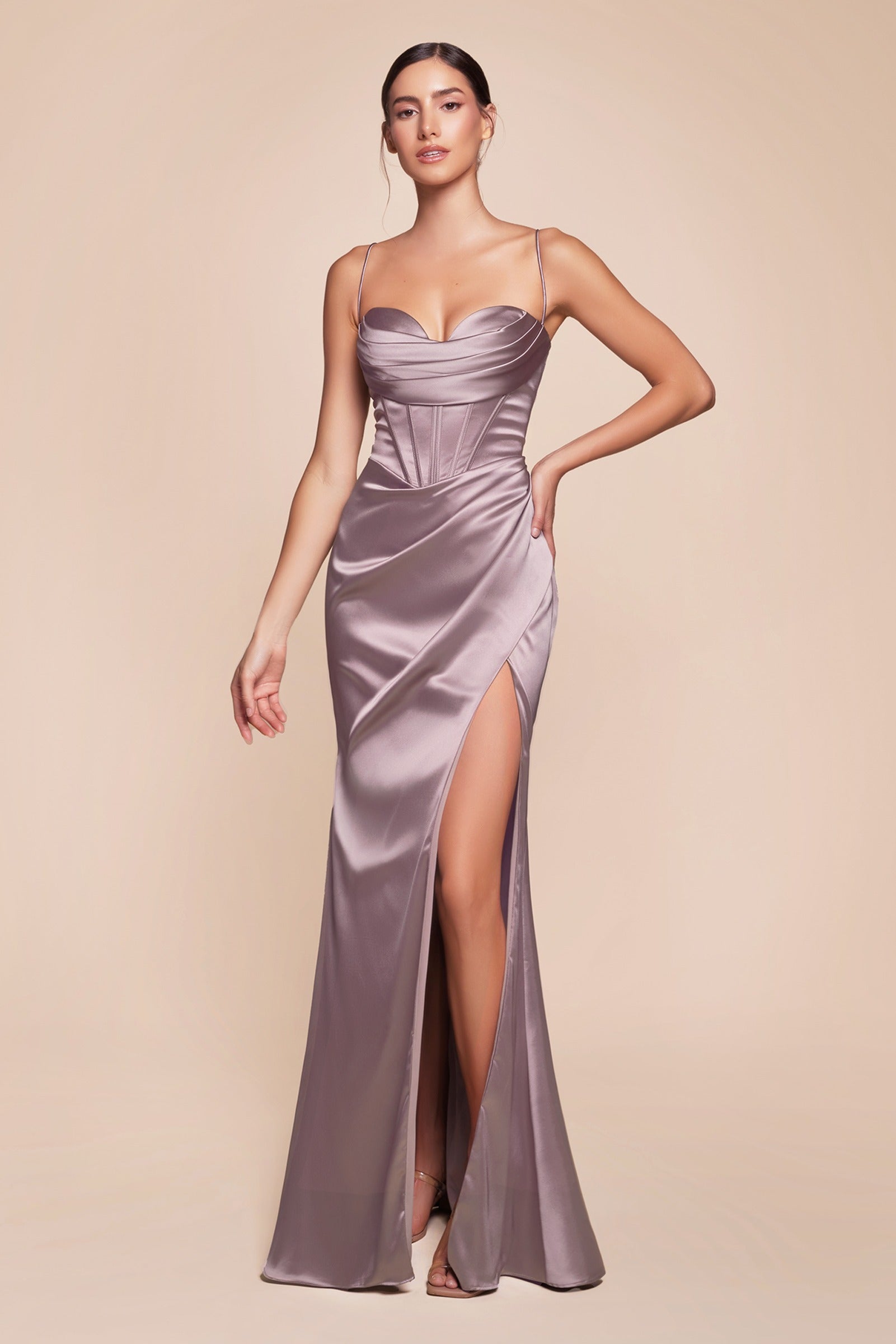 Lavender-silver satin long corset gown with cowl neckline and front slit