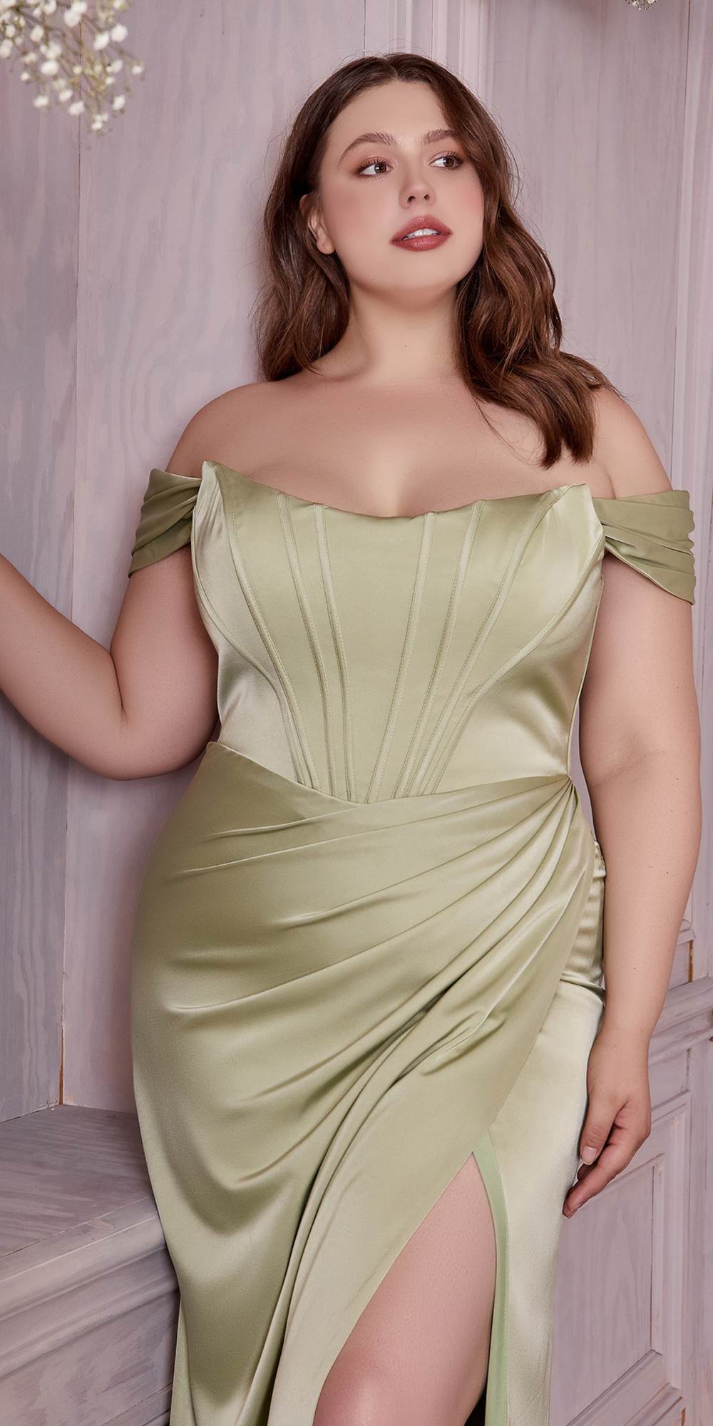 Sage green off-shoulder satin corset formal gown with long skirt and slit