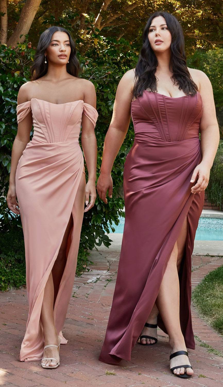 Satin off-shoulder corset formal gown with sweetheart neckline and thigh-high slit