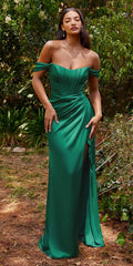 Emerald green off-shoulder satin corset formal gown with fitted long skirt slit