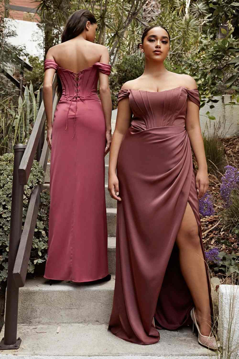 Satin off-shoulder corset formal gown with sweetheart neckline and long thigh slit
