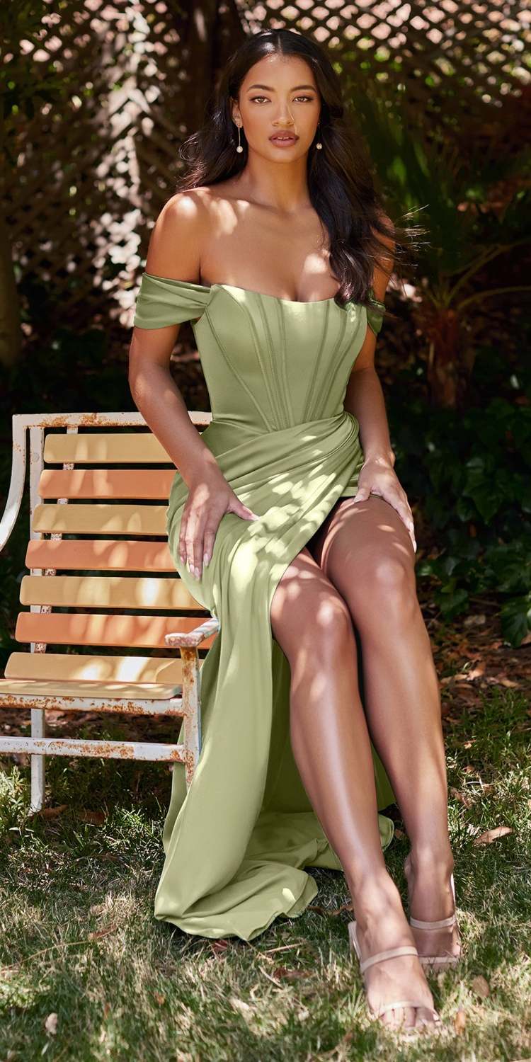 Sage green off-shoulder satin corset formal gown with fitted long skirt slit