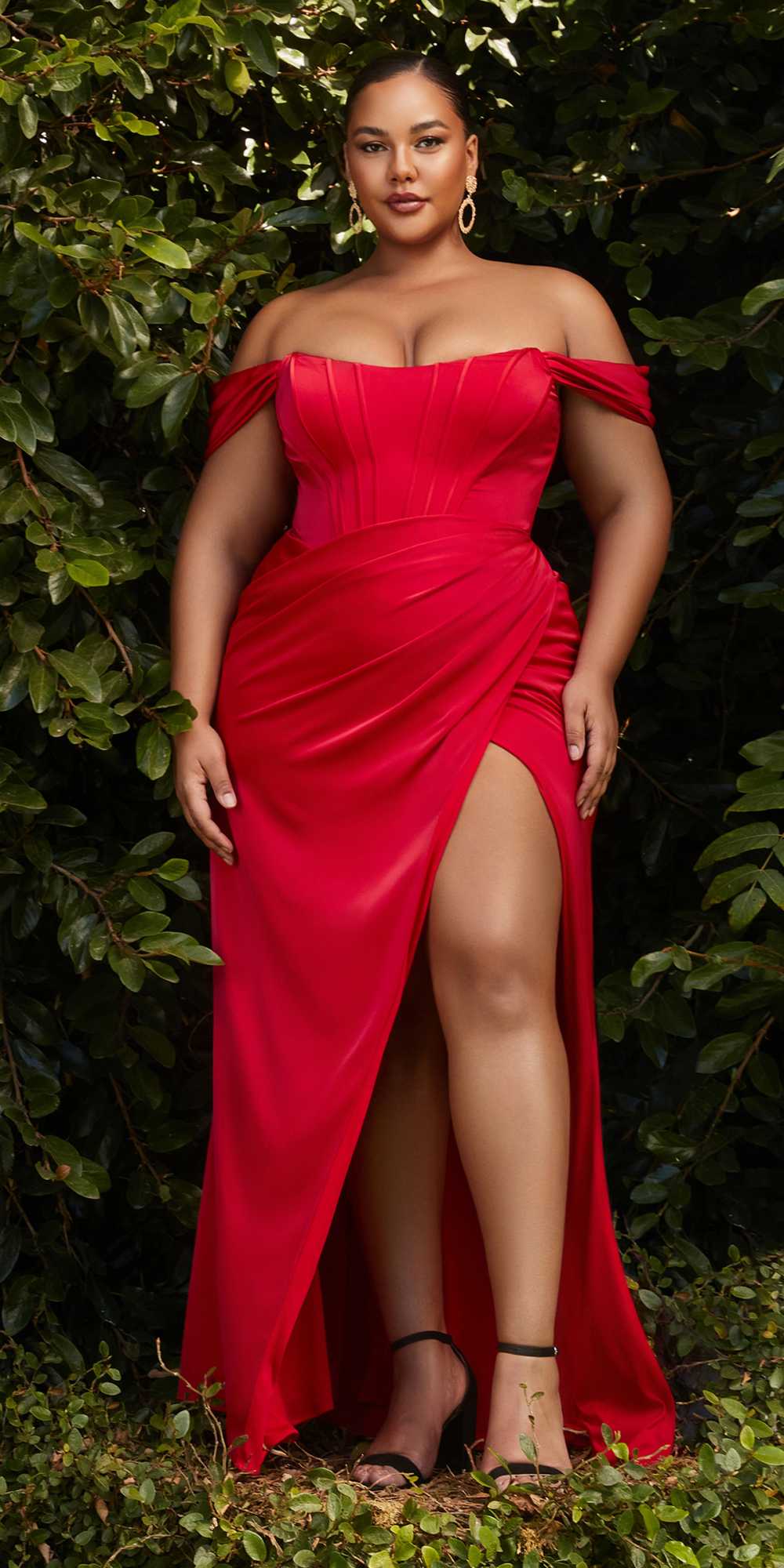 Satin off-shoulder corset formal gown with sweetheart neckline and thigh-high slit