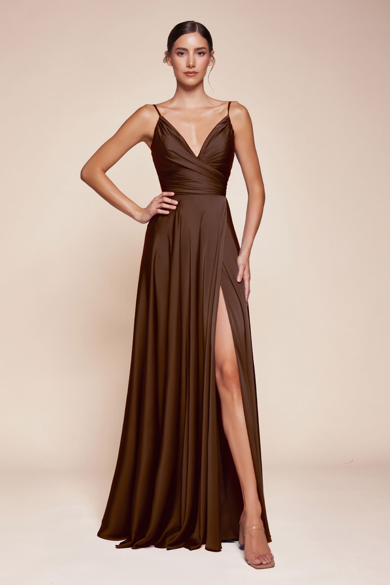 Chocolate brown satin A-line formal dress with V-neck and high front slit