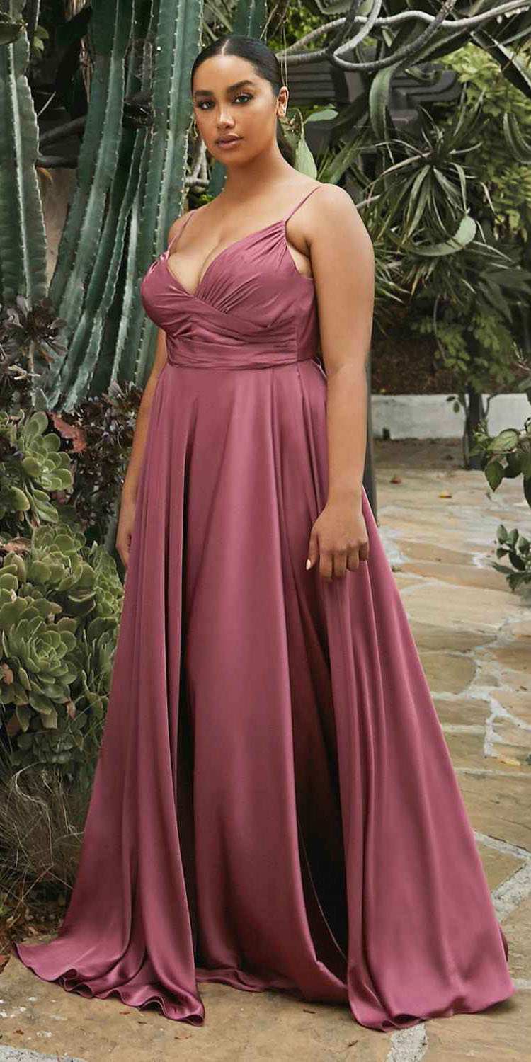 Rose-mauve soft satin A-line formal dress with ruched sweetheart bodice and slit