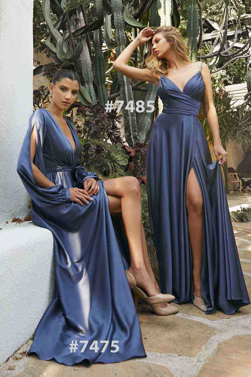 Blue soft satin A-line formal dress with sweetheart neckline and thigh-high slit