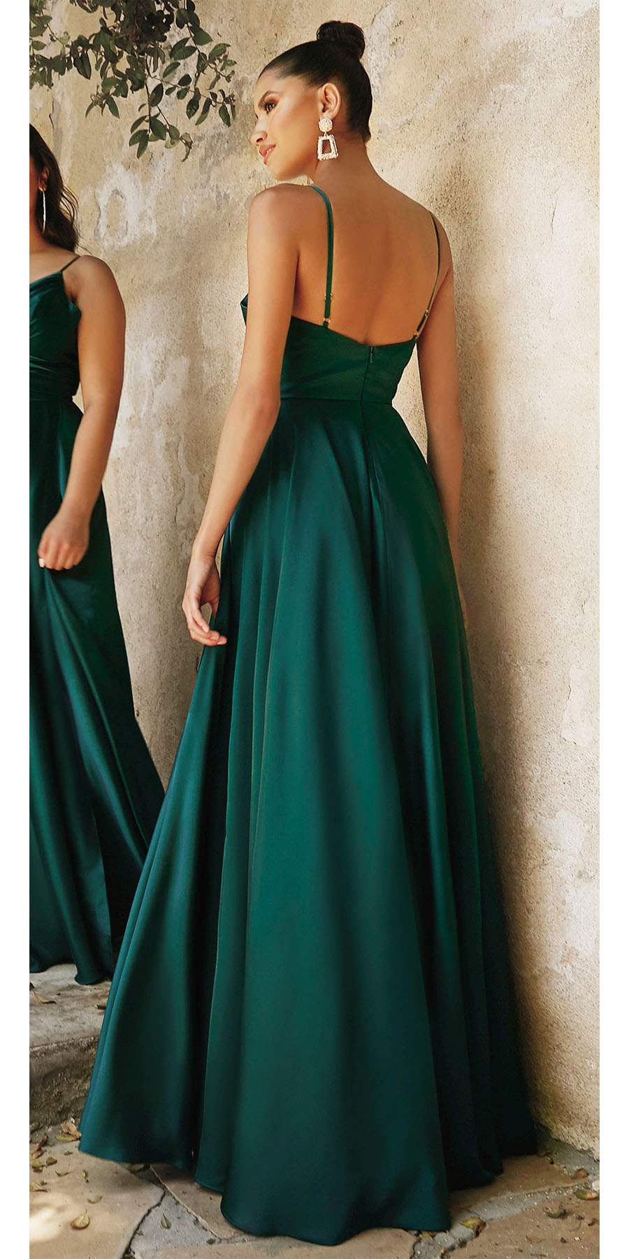 Deep green satin A-line formal dress, back view with thin straps and sweetheart neckline