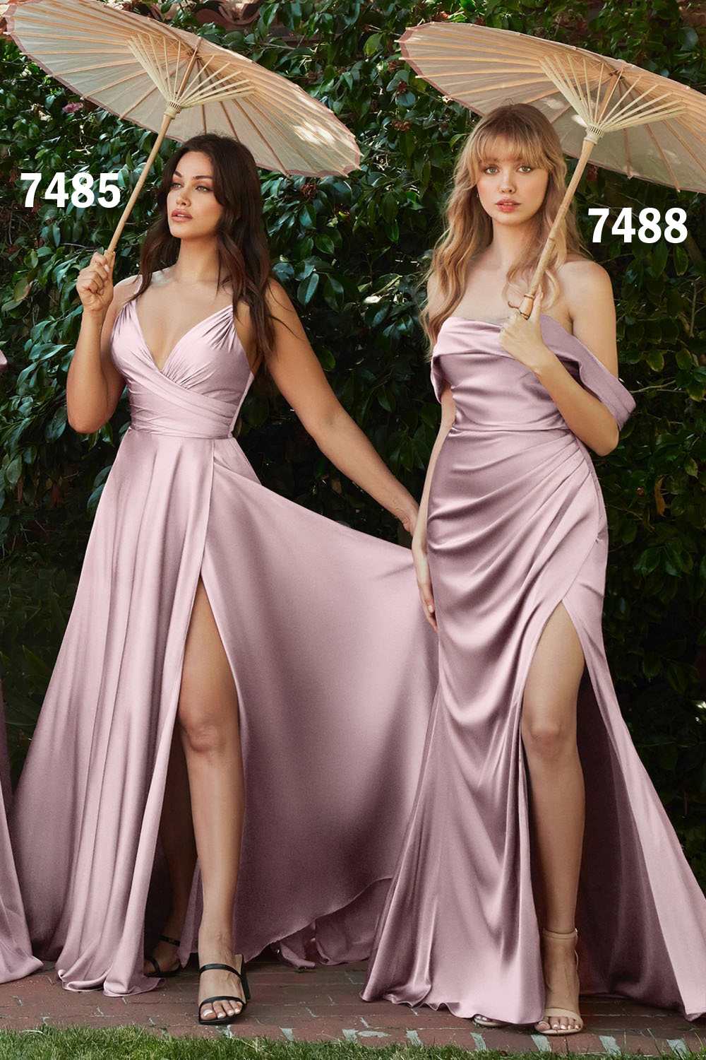 Mauve satin A-line formal dress with draped sweetheart bodice and thigh slit