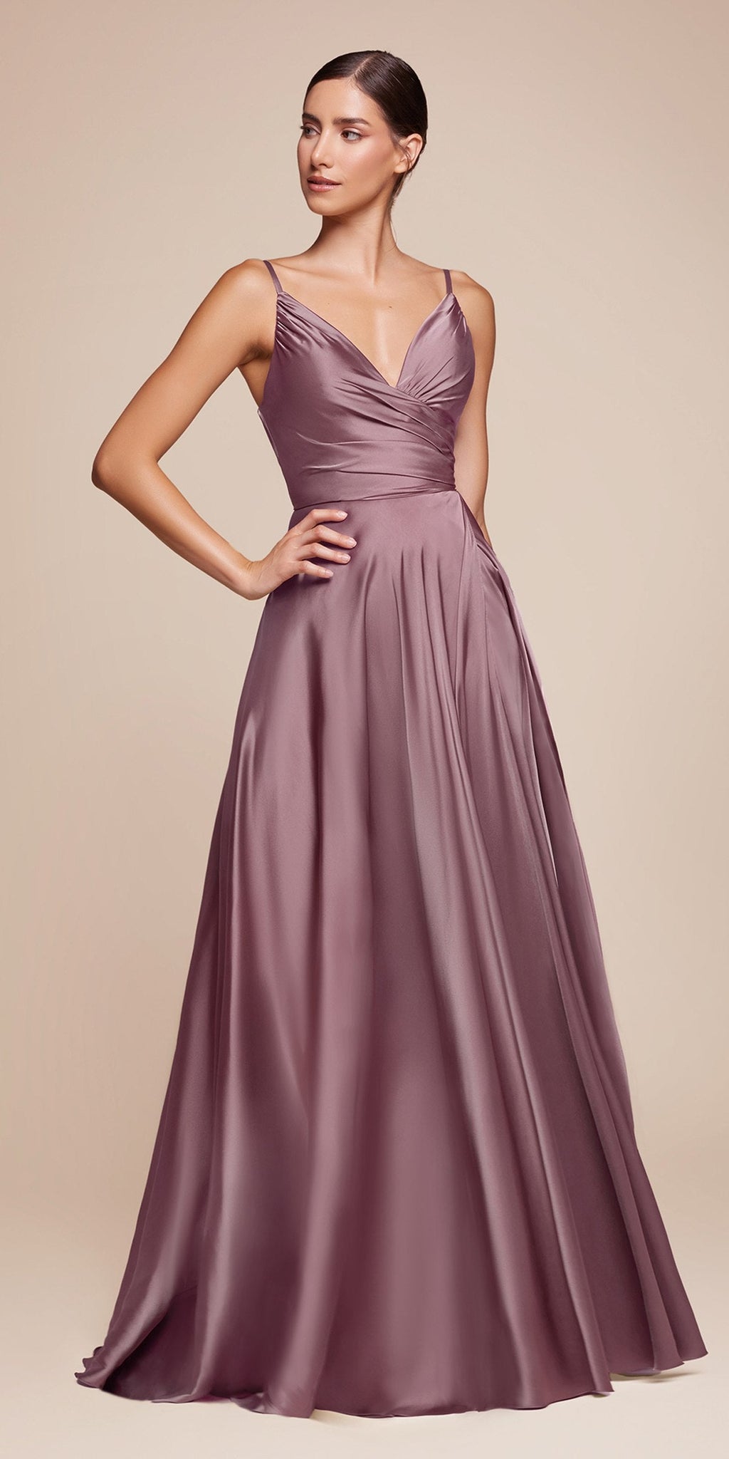 Dusty mauve satin A-line formal dress, sweetheart neckline, draped waist, full skirt
