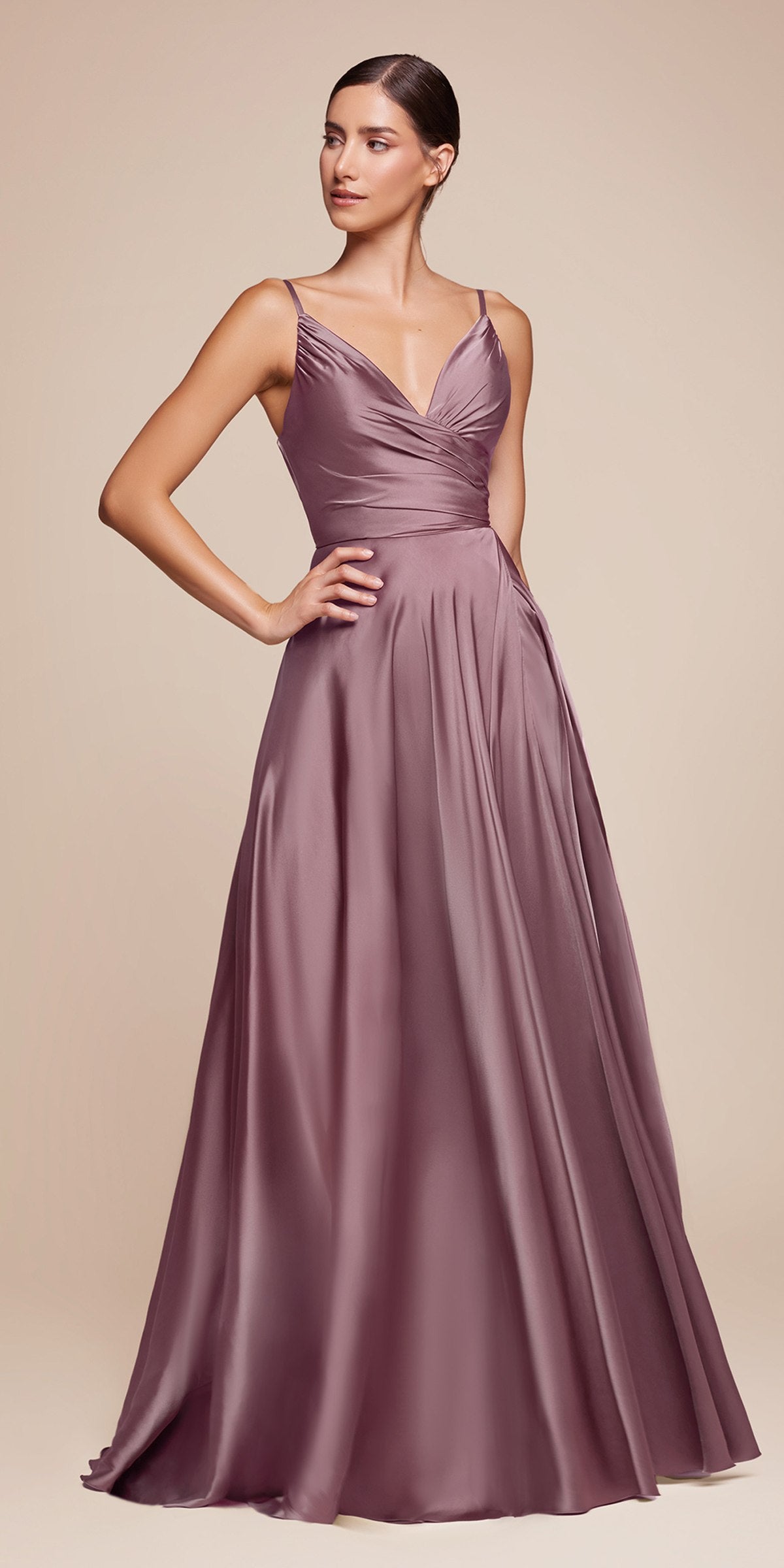 Dusty mauve satin A-line formal dress, sweetheart neckline, draped waist, full skirt