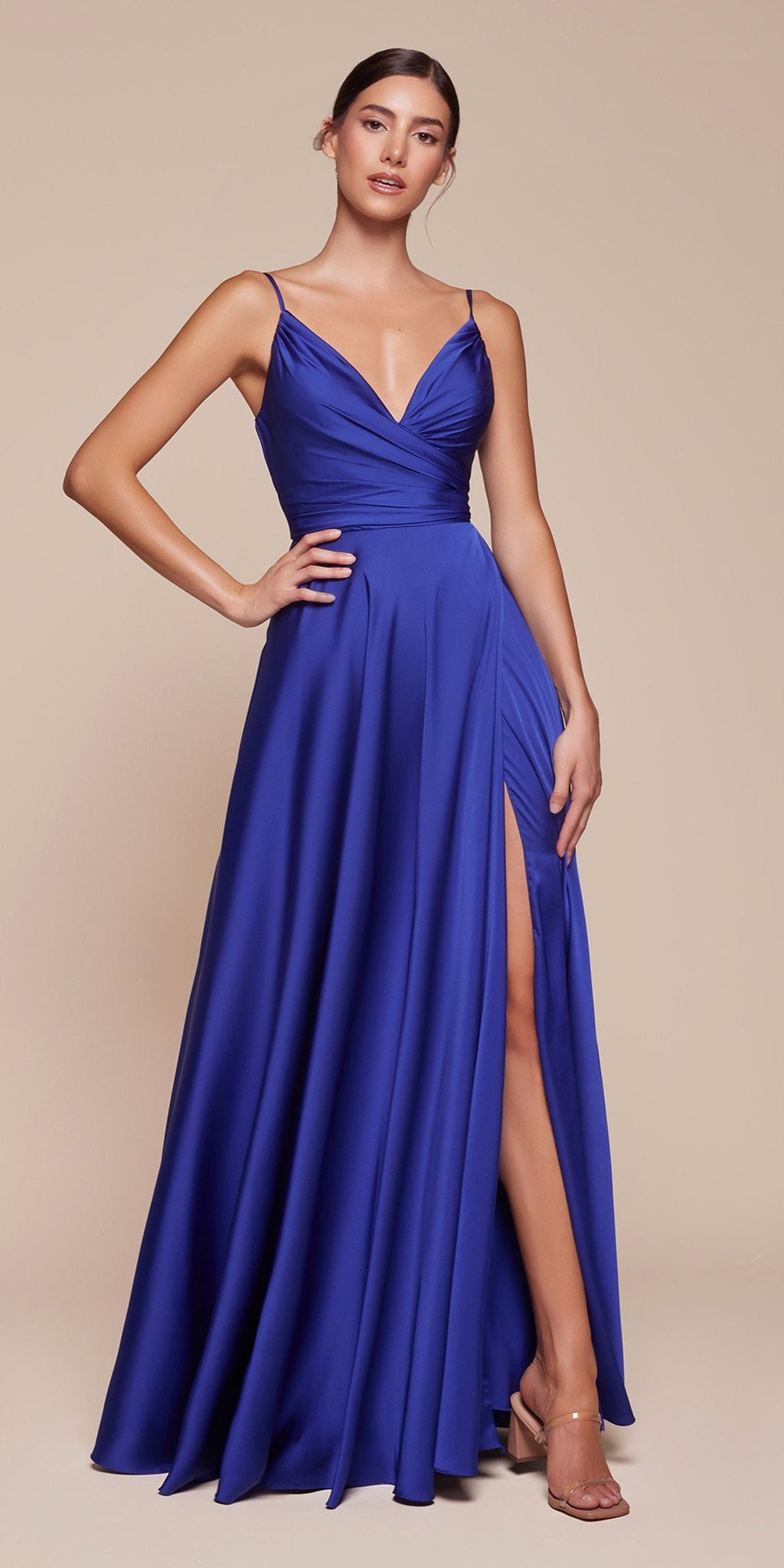 Royal blue A-line satin formal dress, sweetheart neckline, spaghetti straps