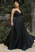 Black satin A-line formal dress with V-neck wrap detail and spaghetti straps
