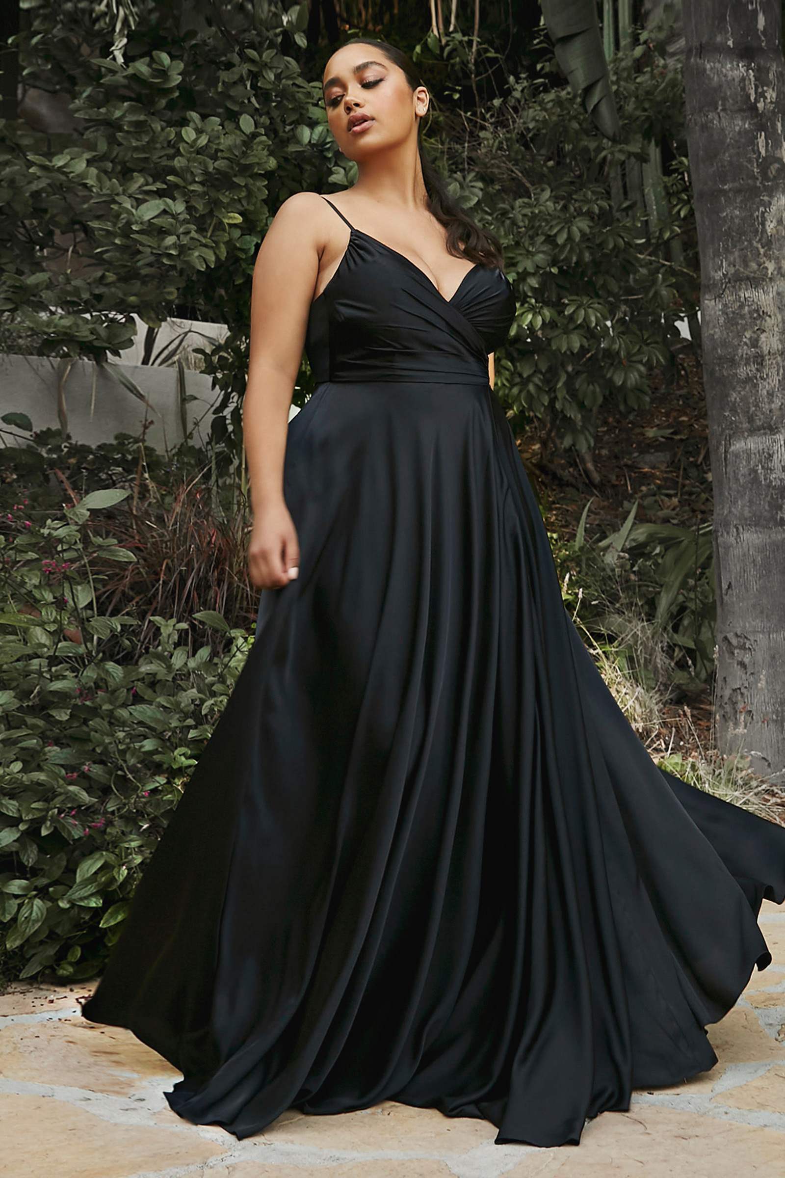 Black satin A-line formal dress with V-neck wrap detail and spaghetti straps