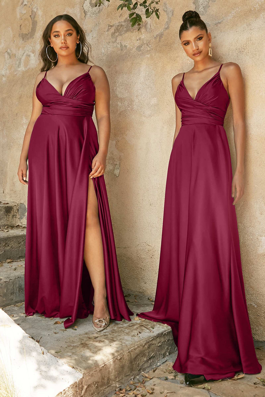 Burgundy A-line satin formal dress, sweetheart neckline, gathered waist, thin straps