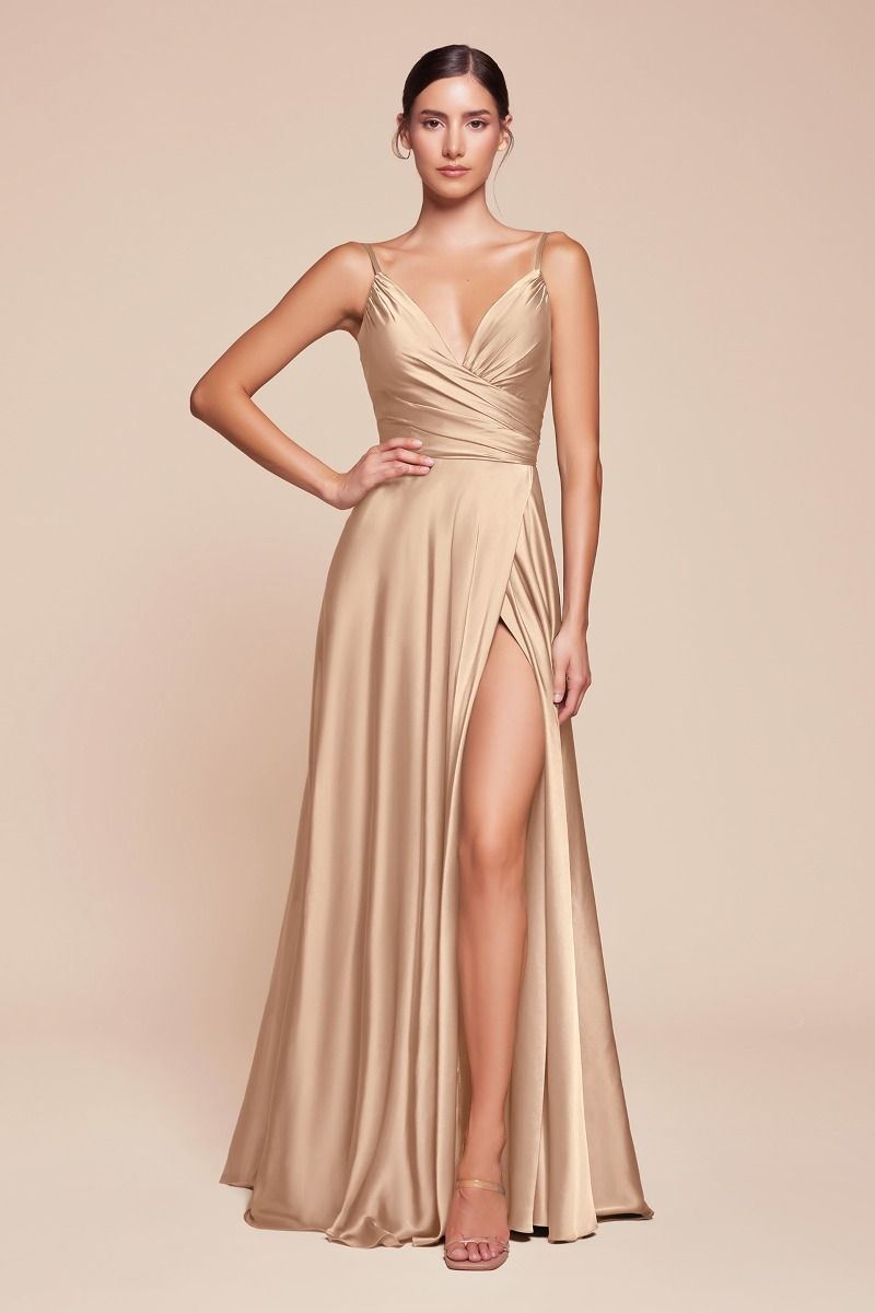 Champagne satin A-line formal dress with V-neck ruched bodice and side drape