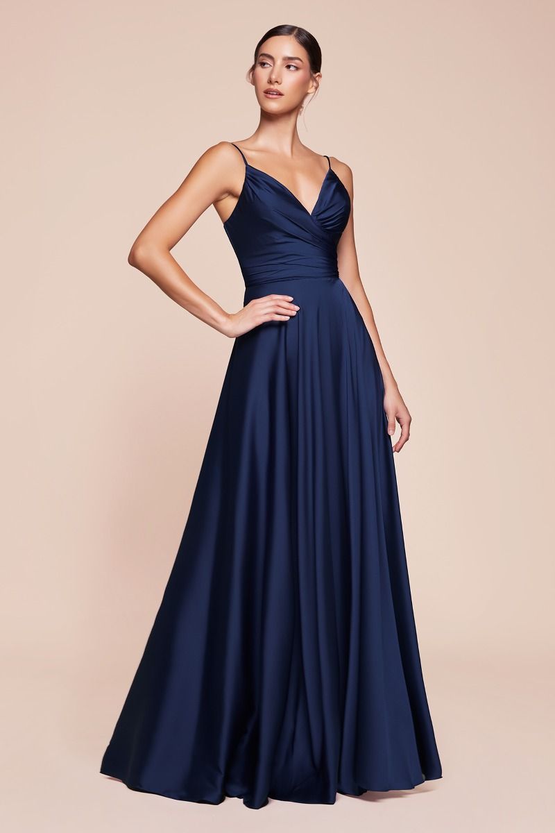 Navy blue satin A-line formal dress with sweetheart neckline and ruched bodice