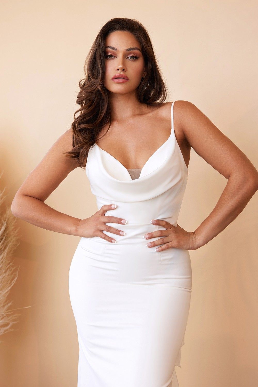 Off-white satin fitted dress with cowl neckline and ruched bodice