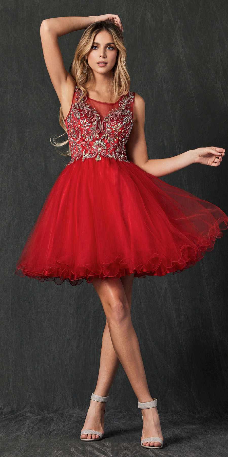 Red tulle A-line short dress with embroidered bodice and sleeveless scoop neck