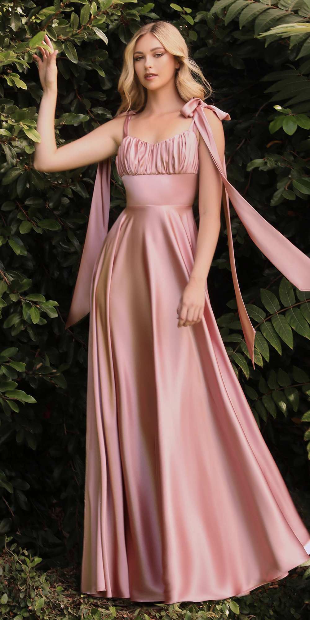 Blush pink satin A-line dress with ruched bodice and bow shoulder ties