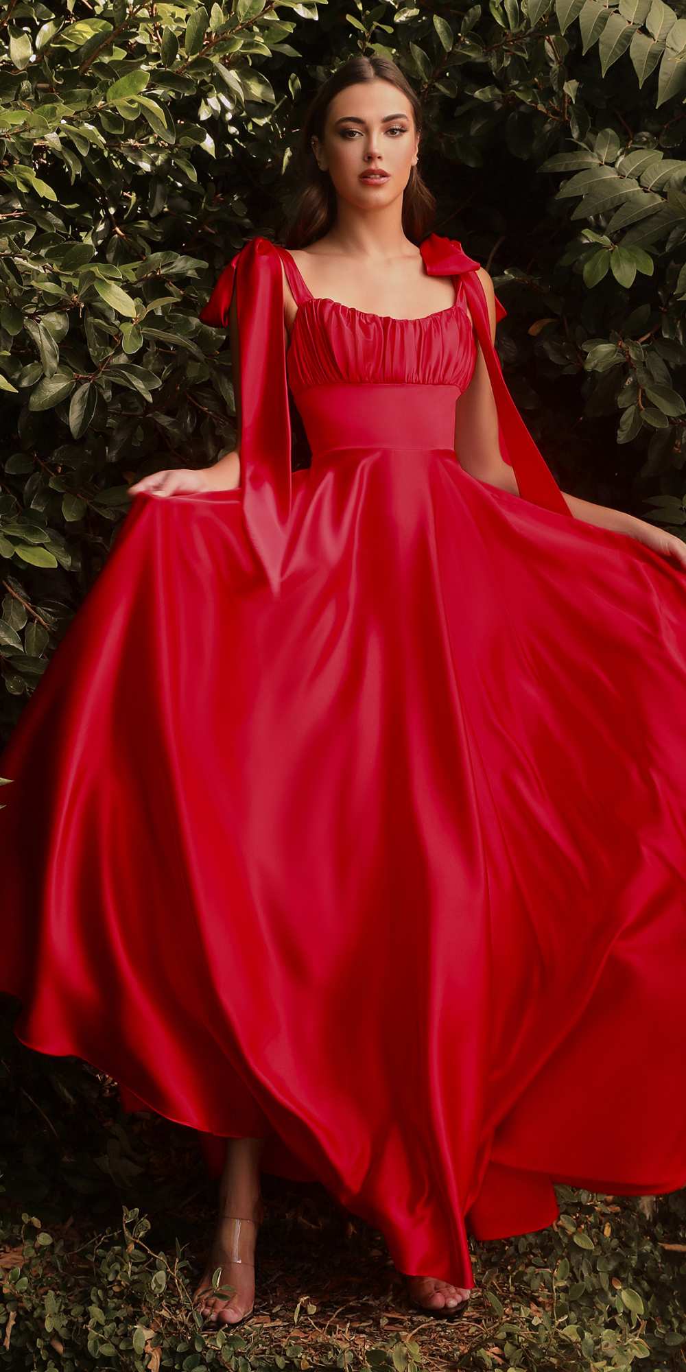 Red satin maxi dress with ruched bodice, square neckline, and draped sleeves