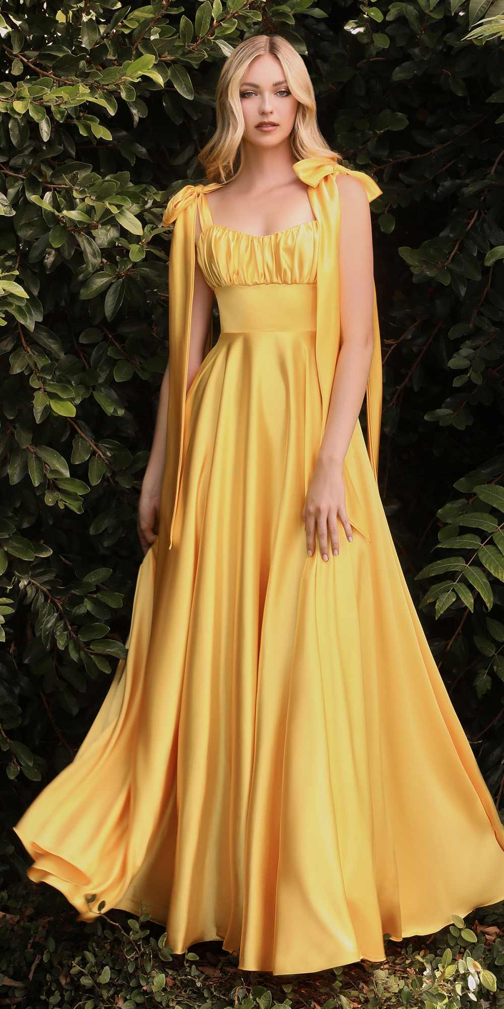 Yellow satin A-line dress with ruched bodice and tied shoulder straps
