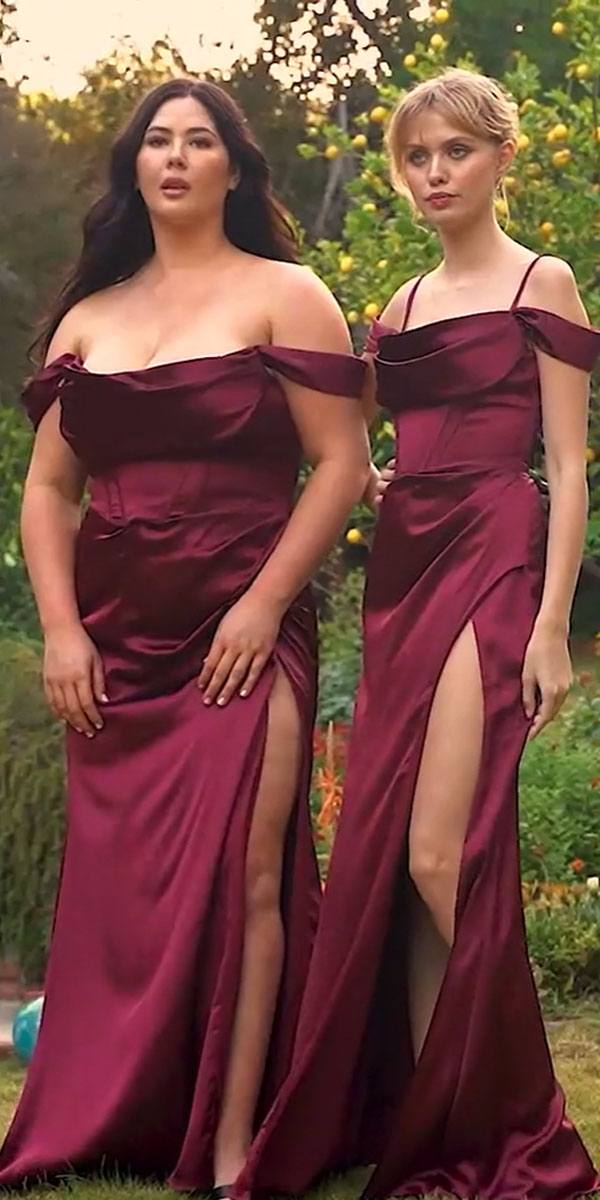 Satin off-shoulder corset gown in burgundy with draped neckline and side slit