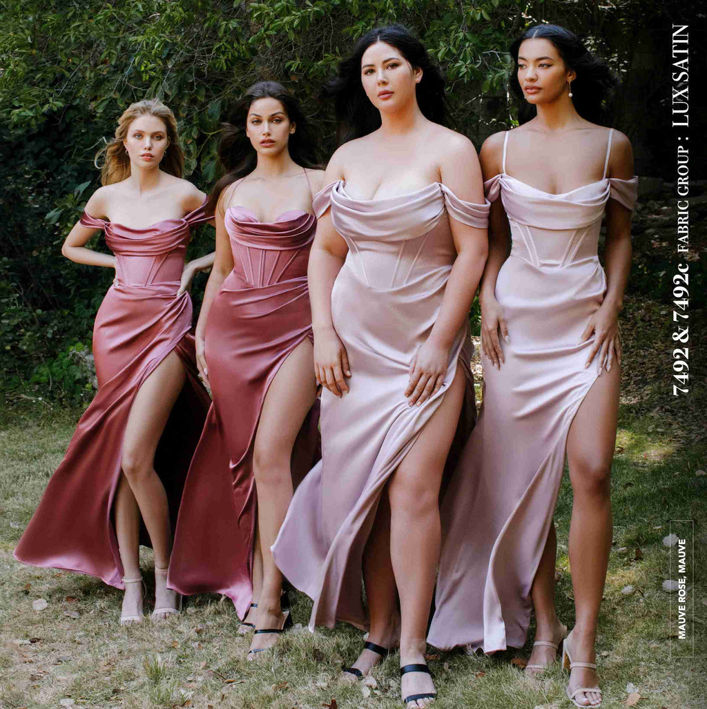 Pink satin off-the-shoulder corset gown with draped neckline and thigh-high slit