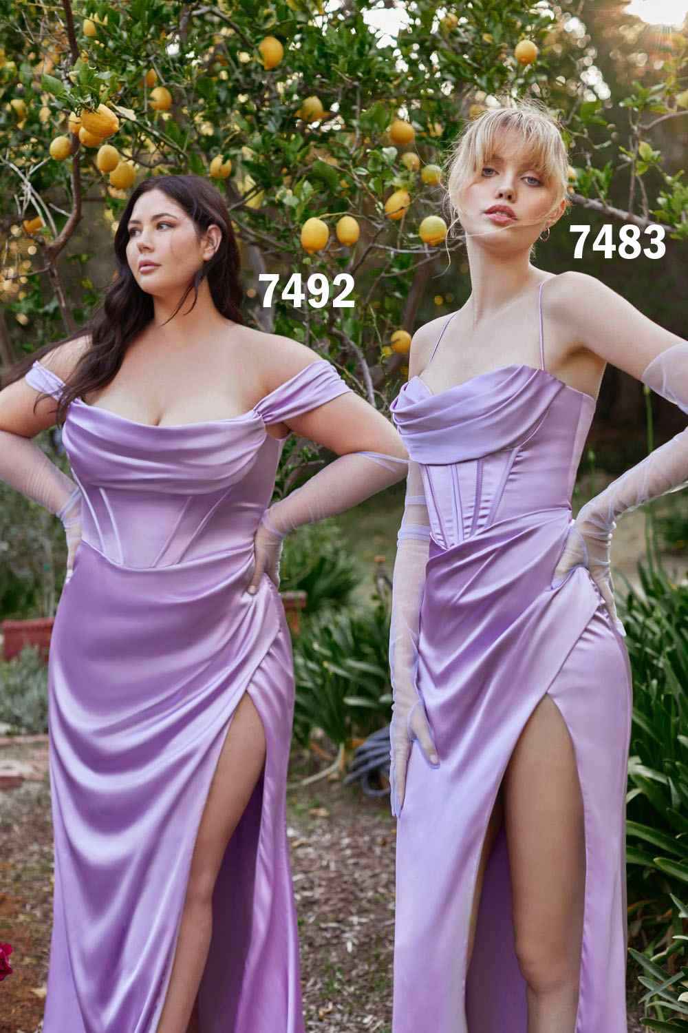 Lavender satin off-the-shoulder corset gown with draped neckline and thigh slit