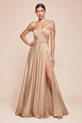 Champagne gold off-the-shoulder satin A-line long dress with side slit
