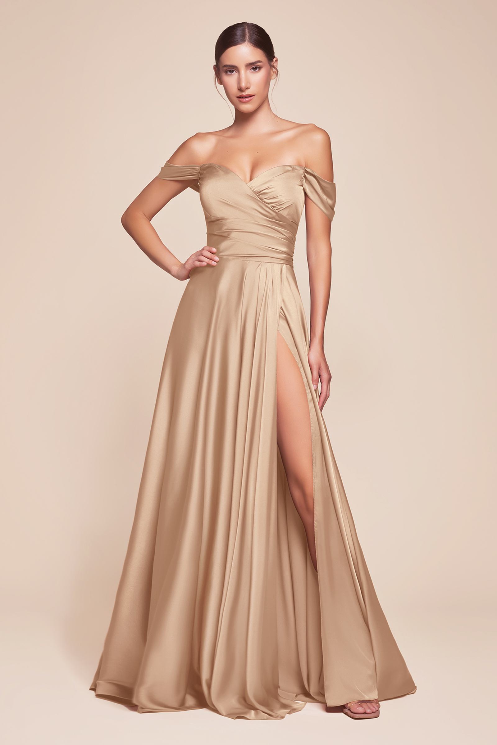 Champagne gold off-the-shoulder satin A-line long dress with side slit