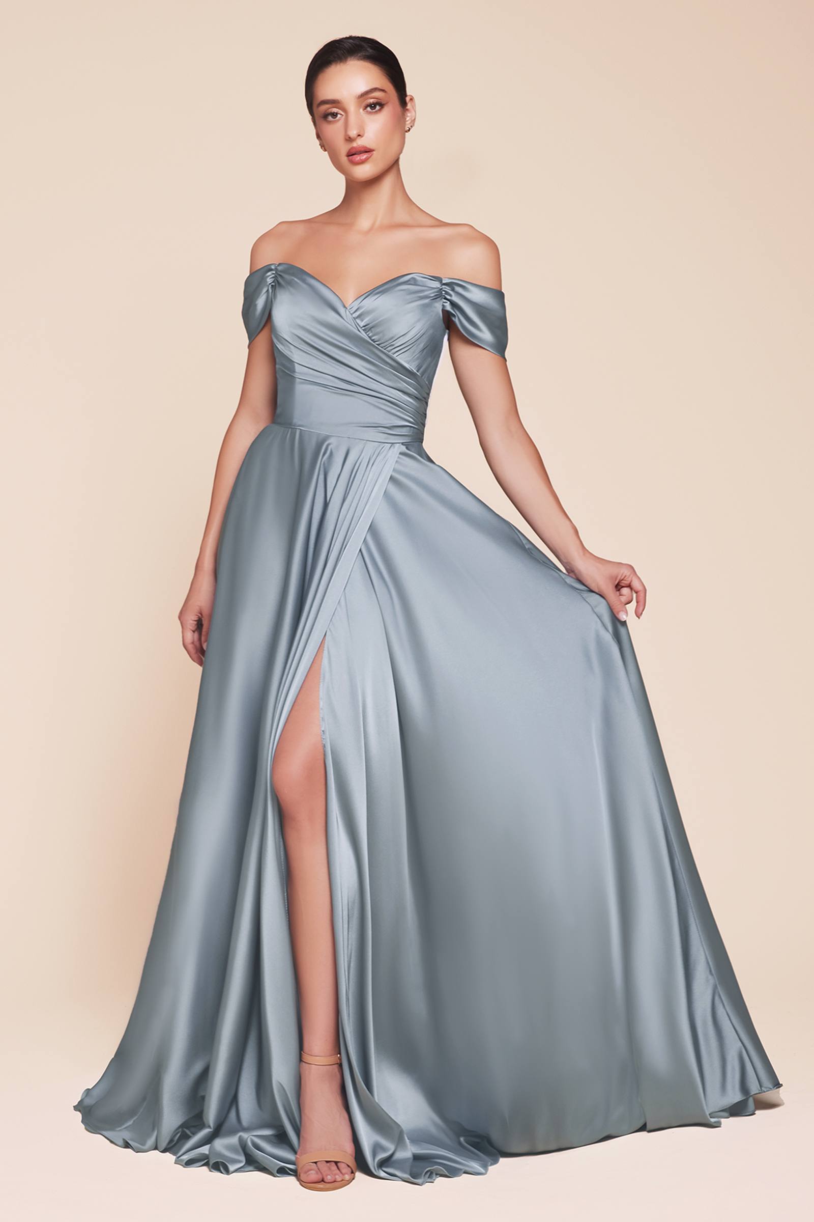 Steel blue off-the-shoulder satin A-line long dress with side slit