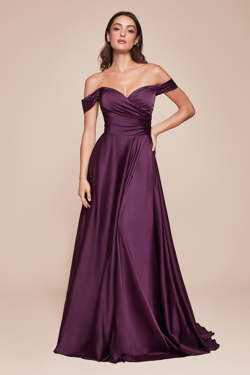 Long off-shoulder satin A-line dress in deep plum, sweetheart neckline and full skirt