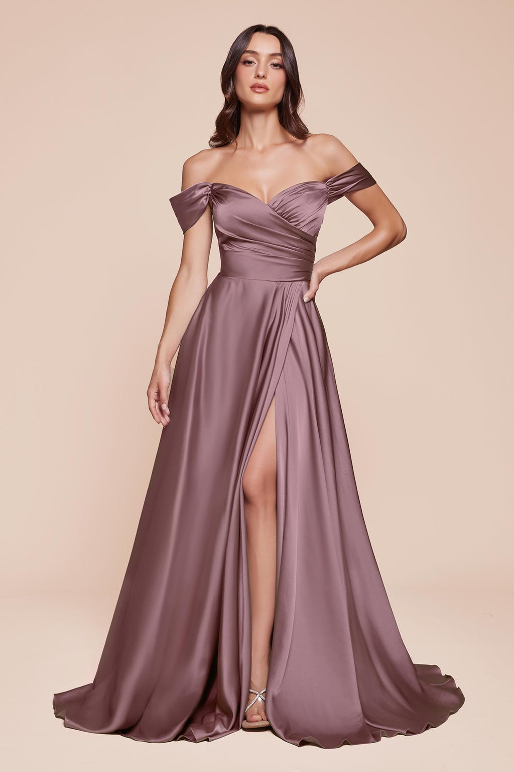 Taupe mauve off-the-shoulder satin A-line long dress with side slit