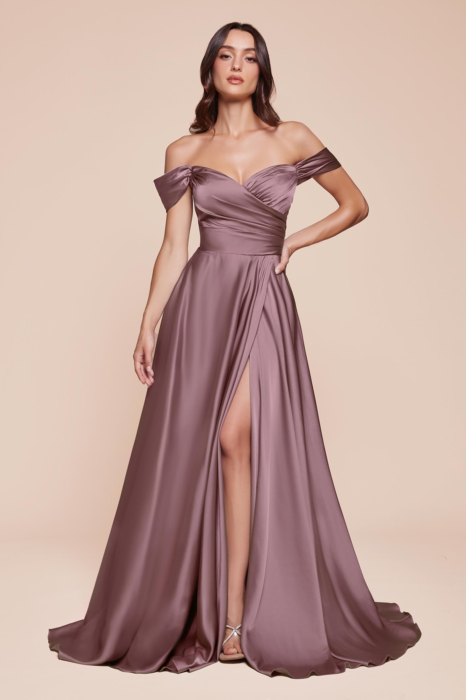 Taupe mauve off-the-shoulder satin A-line long dress with side slit