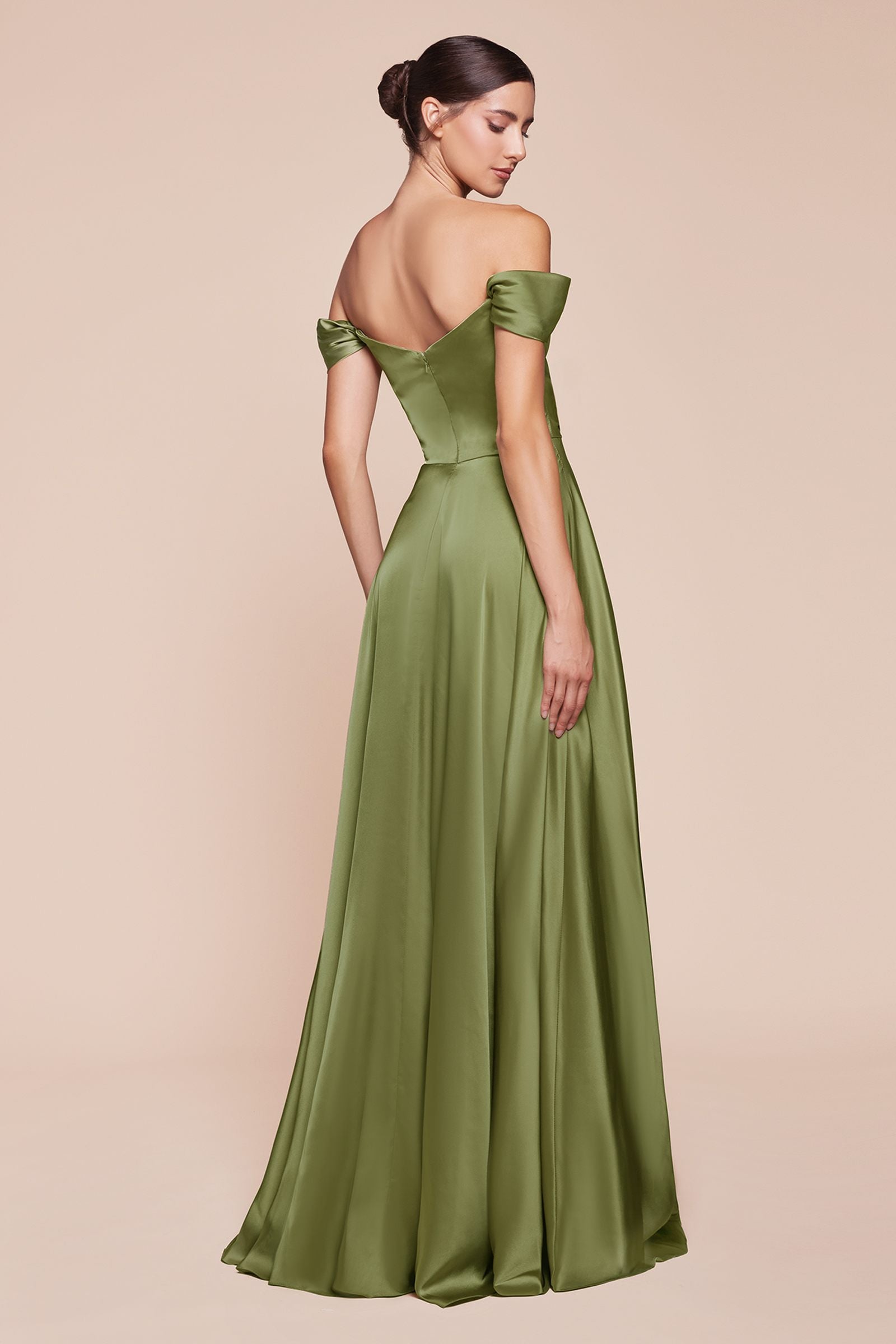 Long off-shoulder satin A-line dress in olive green, fitted bodice with bow sleeves
