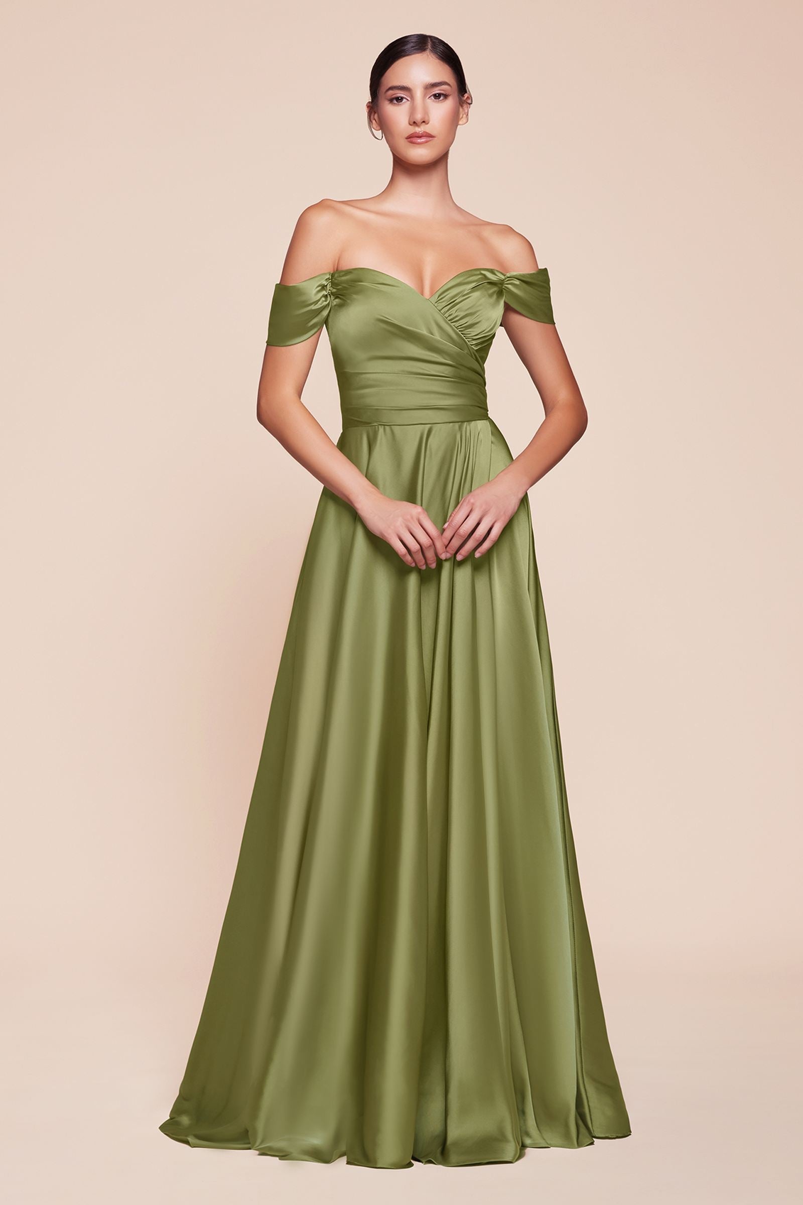 Long off-shoulder satin A-line dress in olive green, ruched sweetheart bodice and skirt