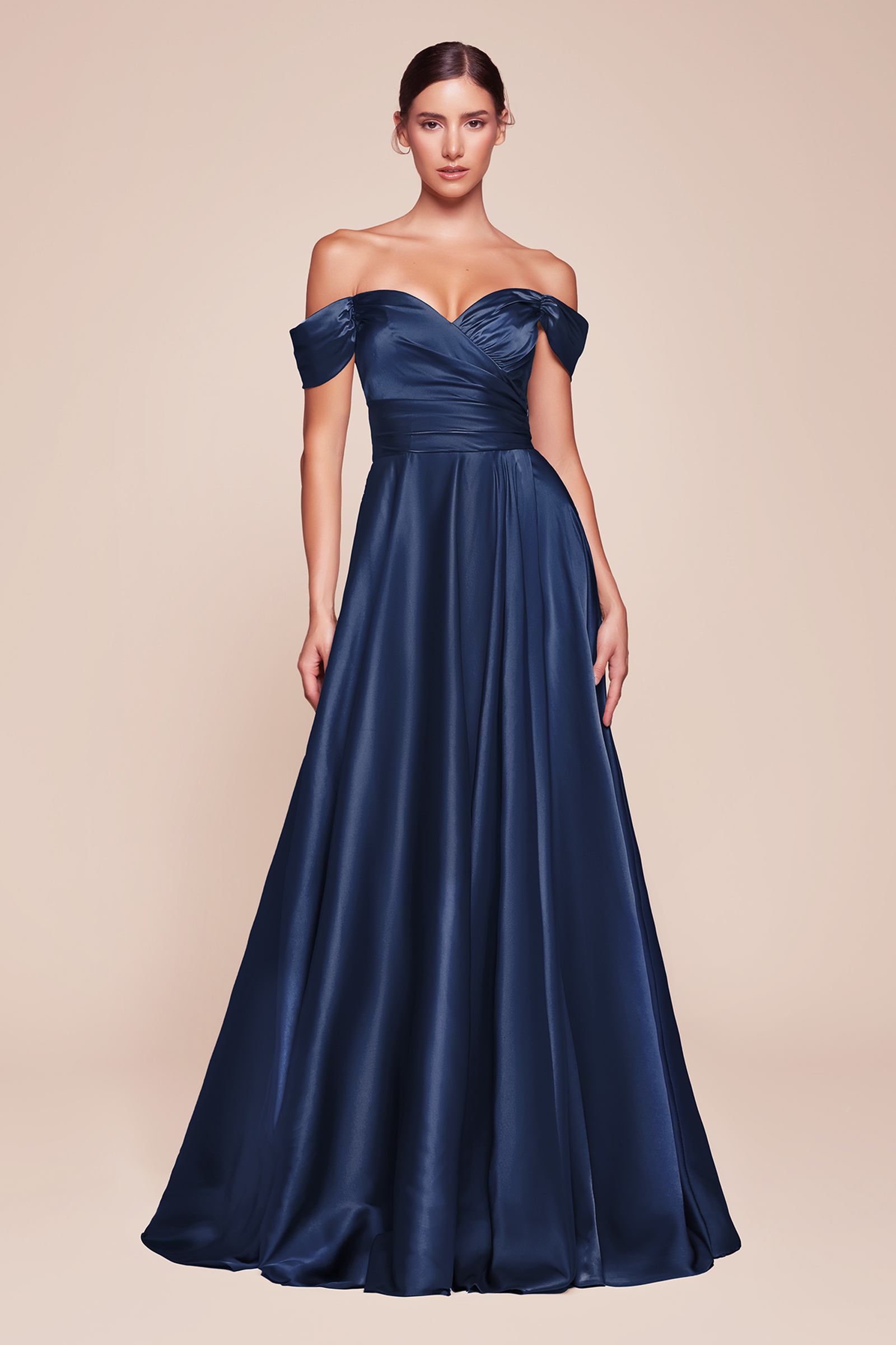 Long off-shoulder satin A-line dress in navy, fitted bodice and full gathered skirt