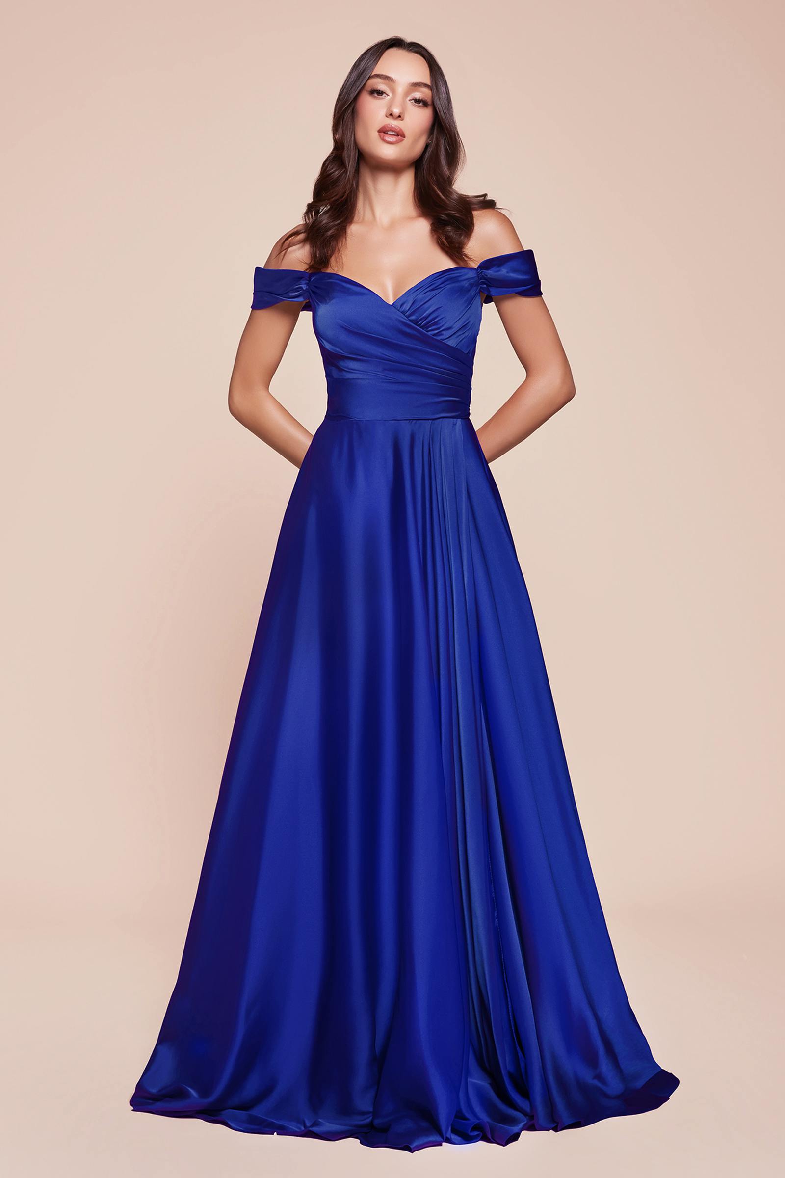 Long off-shoulder satin A-line dress in royal blue, sweetheart neckline and full skirt
