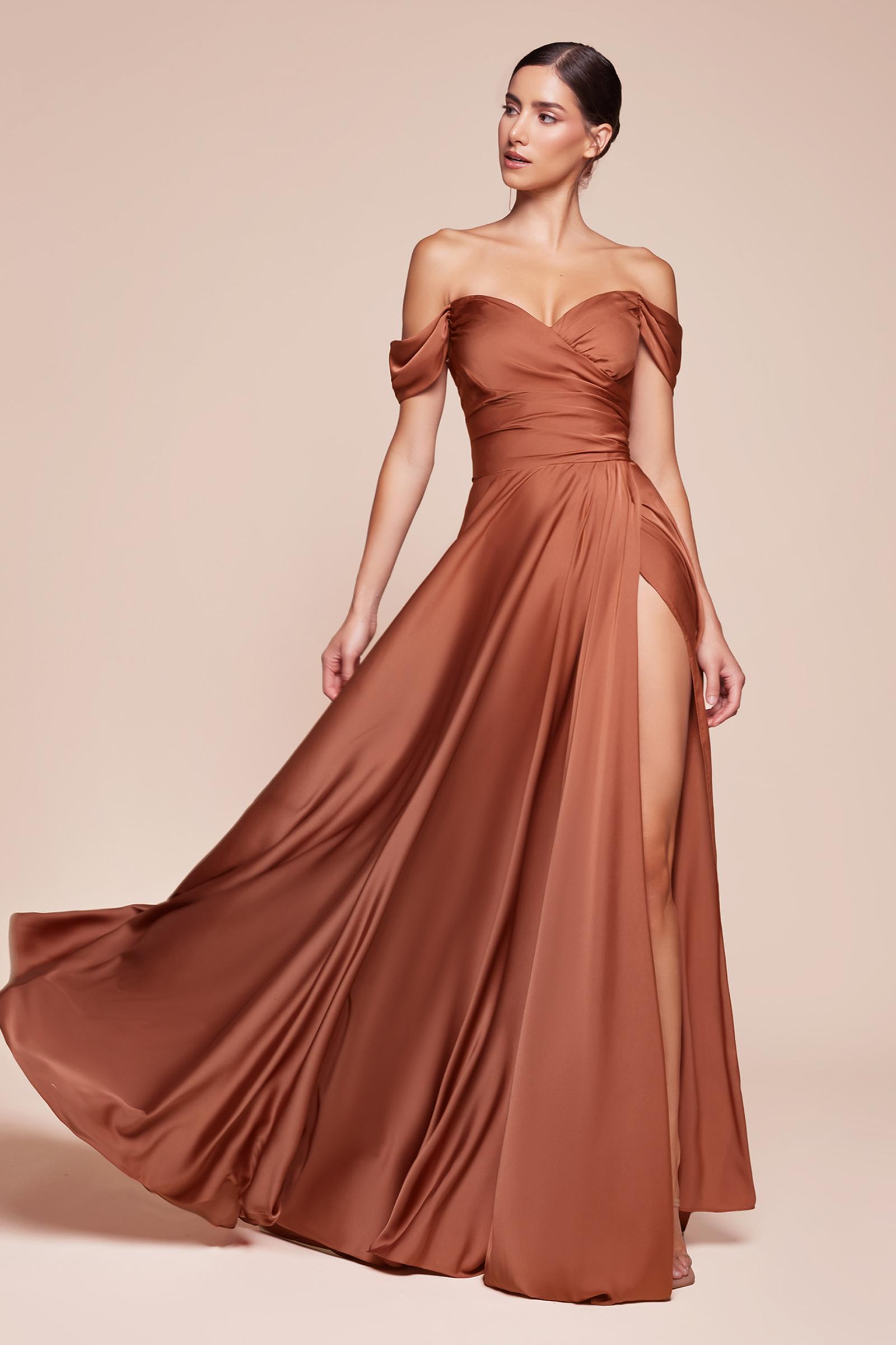 Long off-shoulder satin A-line dress in rust brown, ruched bodice and full skirt