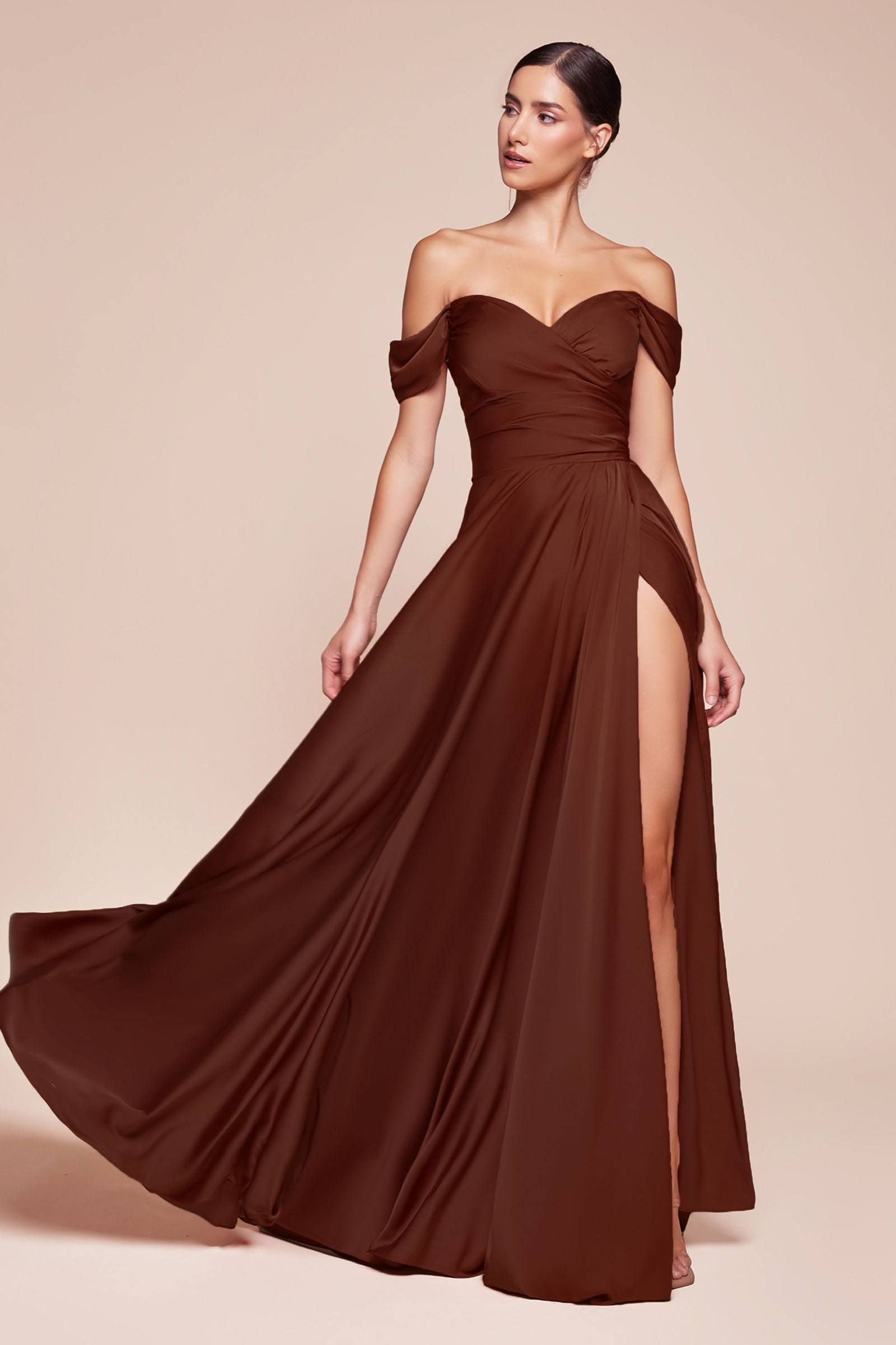 Off-shoulder brown satin A-line plus size dress with thigh slit